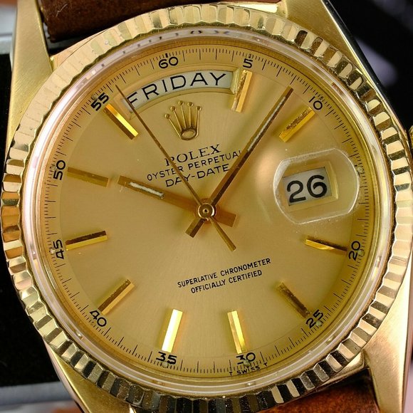 Rolex Day-date 1803 Factory Champagne Dial 18k Yellow Gold Men"s Leather Band - Picture 4 of 9